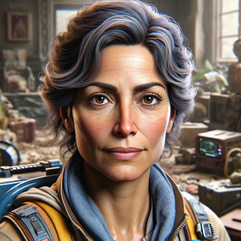 Dr. Isabella Vanguard amidst ancient relics, symbolizing her quest for Apex Age secrets.