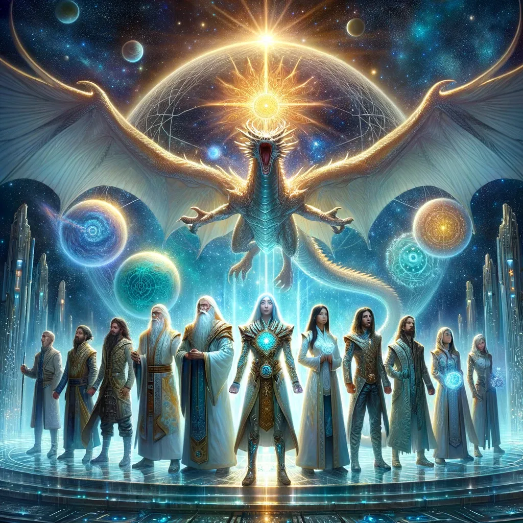 The Luminaries under the radiant celestial dragon, symbolizing unity and discovery.